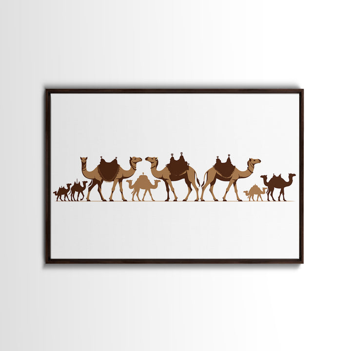 Minimal Camel Caravan Silhouette On White, Framed Canvas Print, African Desert Wall Decor, Neutral Safari Art Gift For Living Room