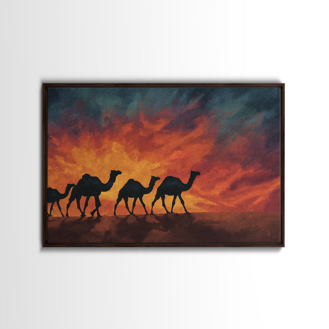 Fiery Sunset Camel Caravan Silhouettes, Canvas Print, African Safari Wall Art, Burnt Orange Desert Decor For Living Room