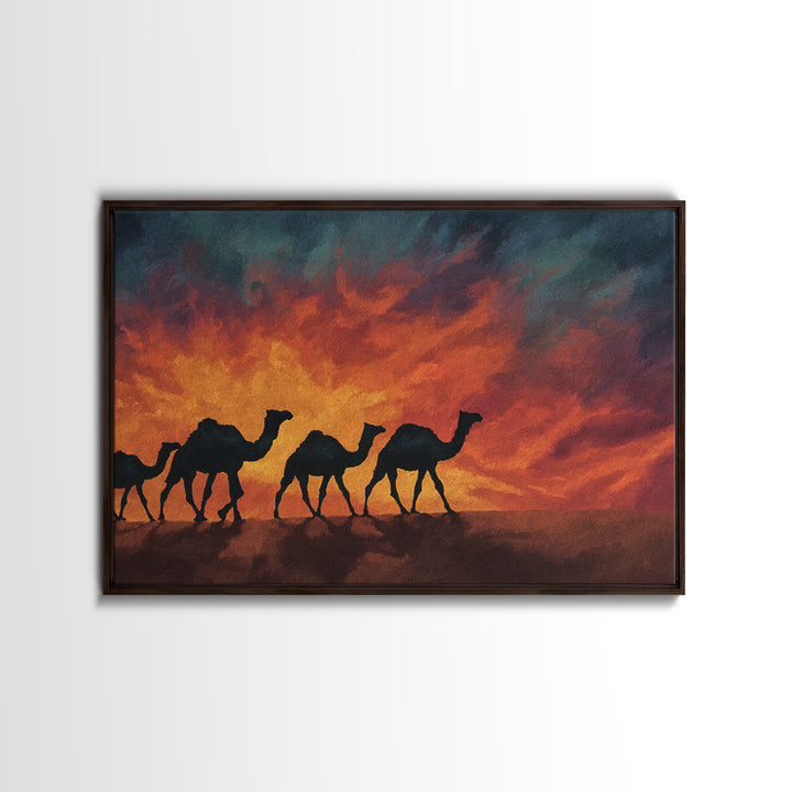 Fiery Sunset Camel Caravan Silhouettes, Canvas Print, African Safari Wall Art, Burnt Orange Desert Decor For Living Room