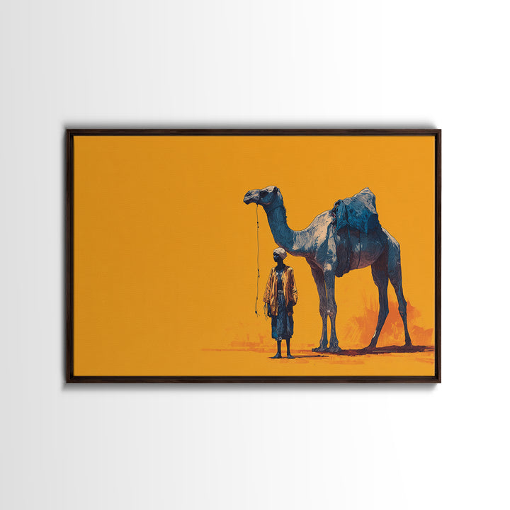 Blue Camel And Tuareg Traveler On Orange, African Wall Art, Minimalist Desert Portrait, Unique Canvas Gift For Him, Home Decor