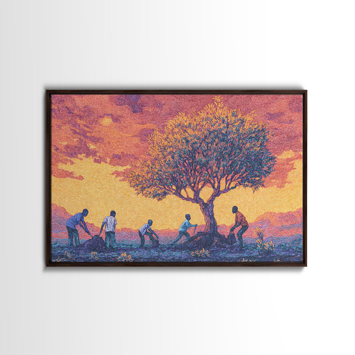 Sunset Acacia Harvest Framed Canvas Print, African Landscape Wall Art, Warm Orange Cultural Safari Decor For Home And Office