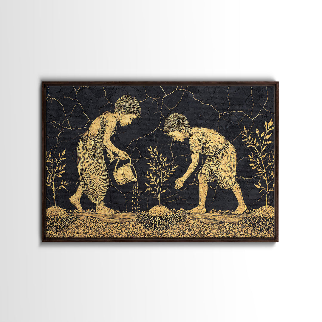 Gold Etched Children Planting Canvas Print, African Culture Art, Black And Gold Farm Scene Wall Decor For Meaningful Gift