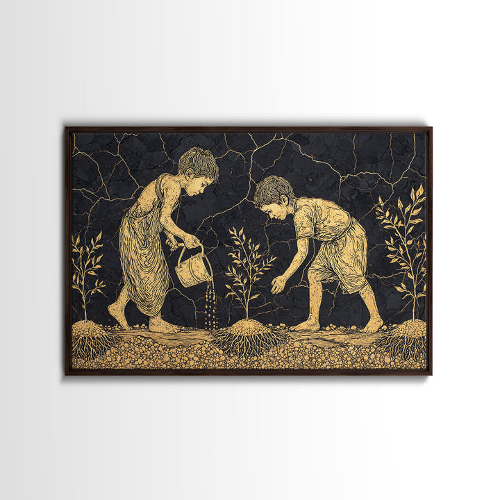 Gold Etched Children Planting Canvas Print, African Culture Art, Black And Gold Farm Scene Wall Decor For Meaningful Gift