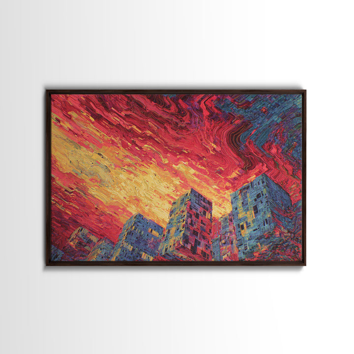 Fiery City Skyline Canvas Print, Modern Urban Wall Art, Bold Red Sunset Architecture Decor For Office Living Room Statement Decor