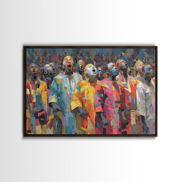 Colorful African Masked Choir Wall Art, Festival Procession Painting, Afrocentric Culture Decor, Bold Gallery Canvas Print