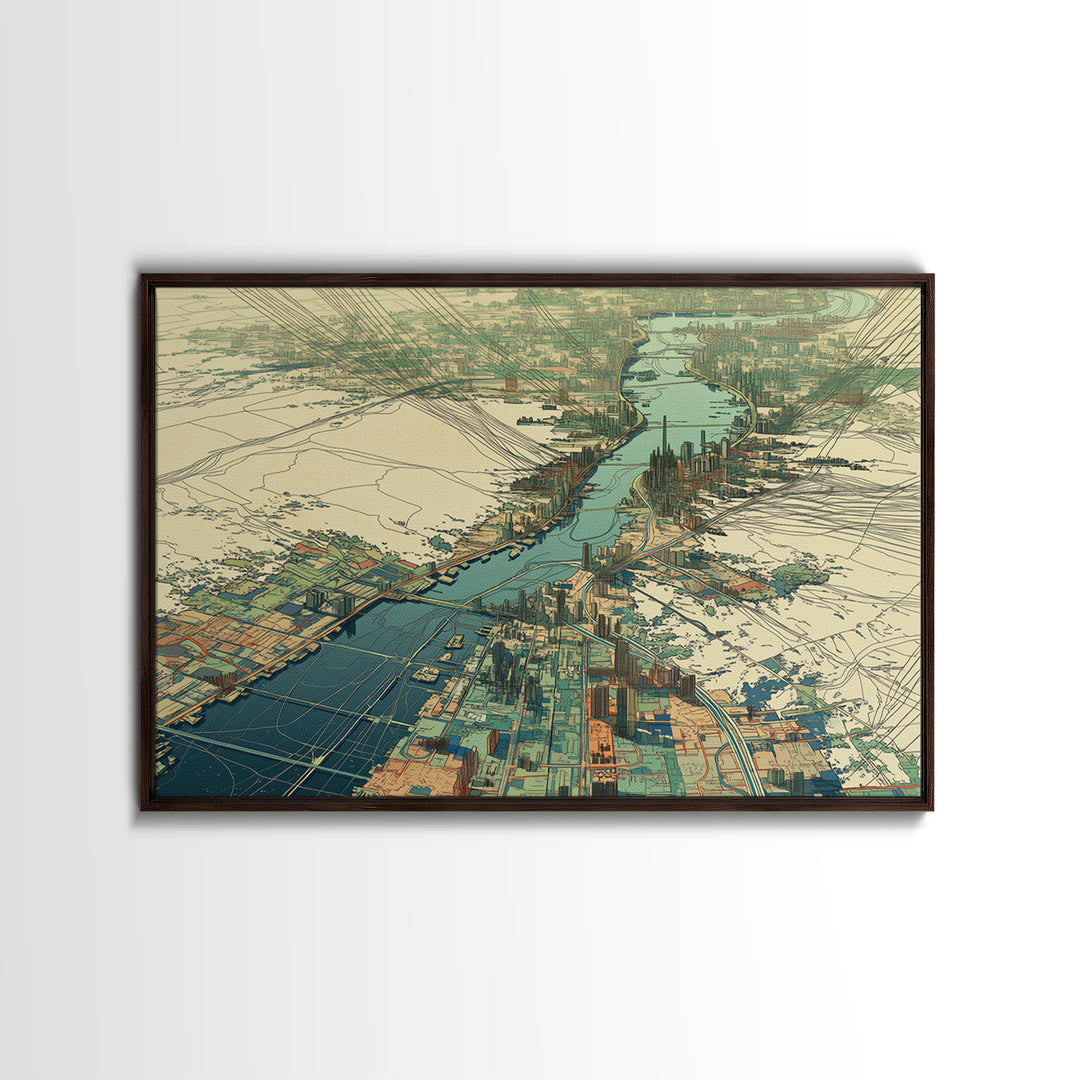Aerial River City Map Canvas Print, Modern African Travel Inspired Wall Art, Teal Urban Landscape, Statement Office Decor Gift