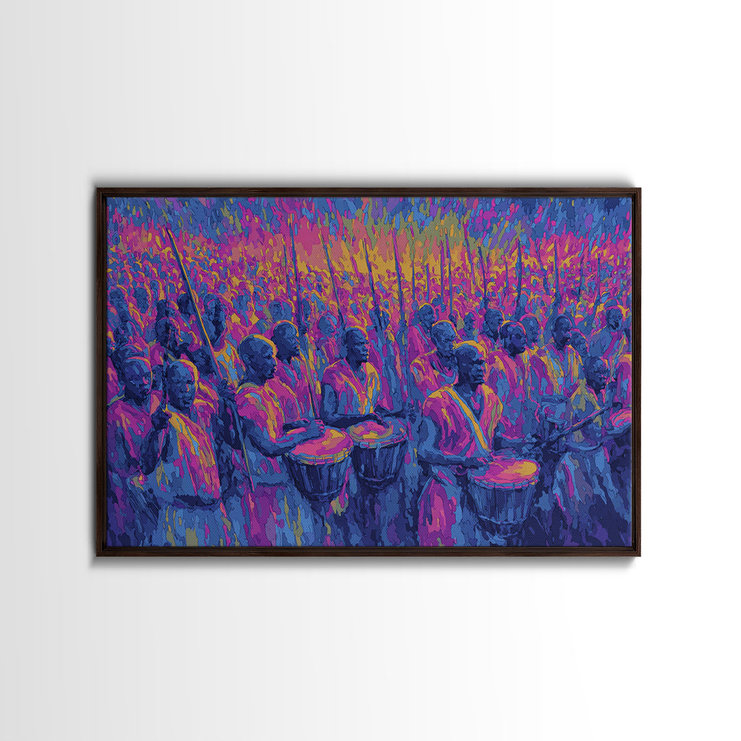 Neon African Drumming Festival Wall Art, Colorful Celebration Painting, Afrocentric Music Decor, Vibrant Living Room Canvas Print