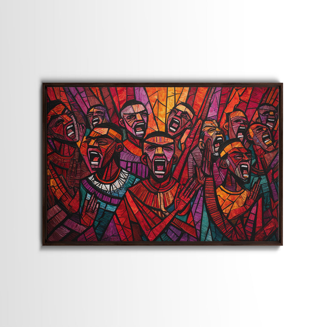 Stained Glass African Choir Wall Art, Bold Red Tribal Celebration Painting, Black Culture Decor, Expressive Canvas Print