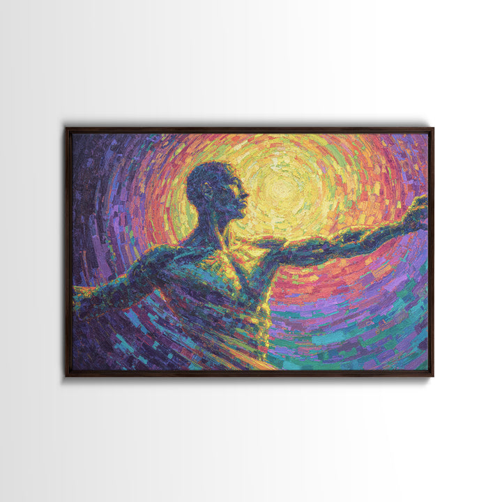 Radiant African Dancer Silhouette Canvas Print, Spiritual Abstract Wall Art, Colorful Black Figure, Meditation Room Decor