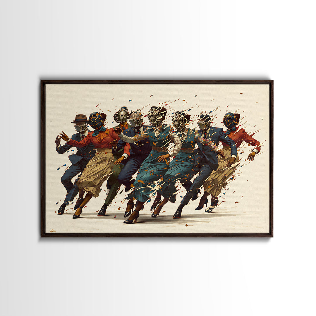 Masked African Jazz Dancers Canvas Print, Afrofuturism Fashion Wall Art, Stylish Black Culture Decor, Unique Home Decor Gift