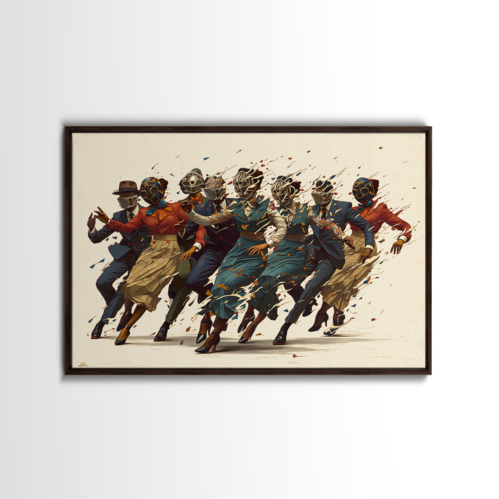 Masked African Jazz Dancers Canvas Print, Afrofuturism Fashion Wall Art, Stylish Black Culture Decor, Unique Home Decor Gift