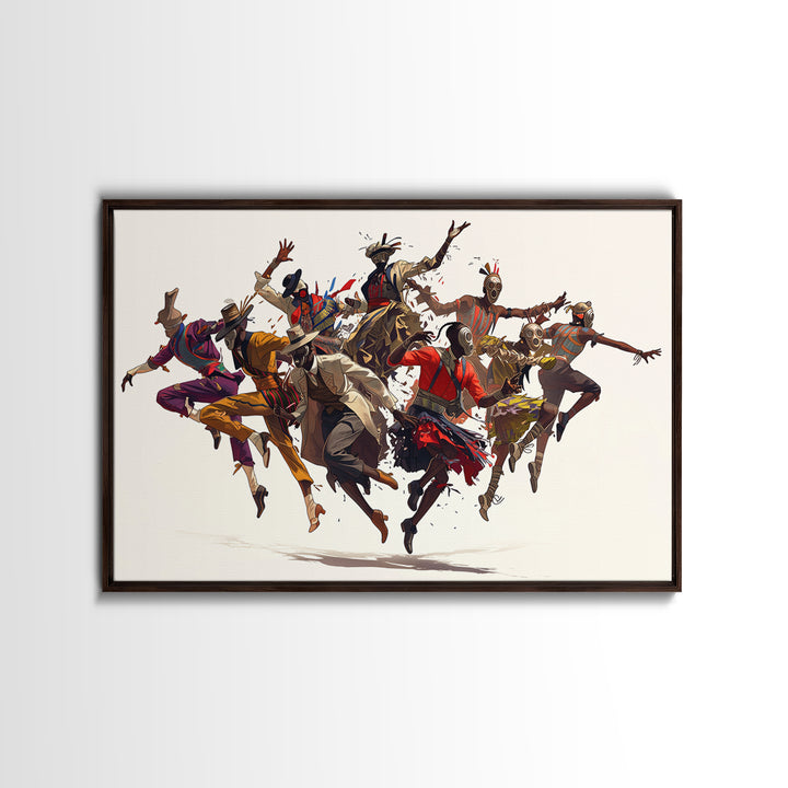 Joyful African Tribal Dancers Wall Art, Dynamic Masquerade Celebration Painting, Afrocentric Decor, Vibrant Canvas Print Gift
