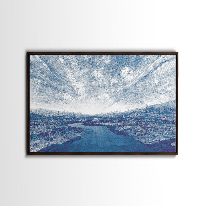 Blue River City Skyline Wall Art, Abstract Landscape Canvas Print, Modern Office Decor, Coastal Urban Artwork In Cool Tones