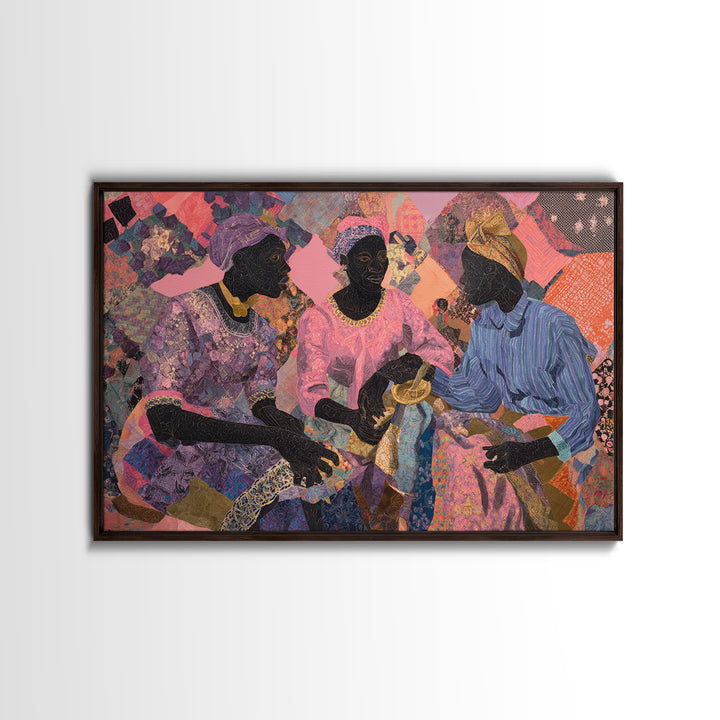 Three African Women Sharing Tea Framed Canvas Print, Textile Art, African Fabric, Black Women Art, Cultural Home Decor Gift