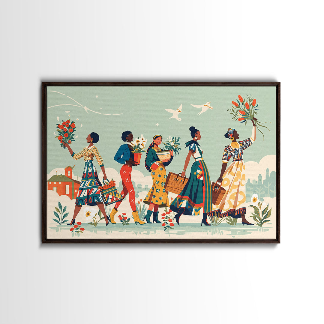 Joyful African Women Carrying Flowers Wall Art, Feminine Wall Decor, Ankara Inspired Print, Black Girl Magic Home Decor Gift