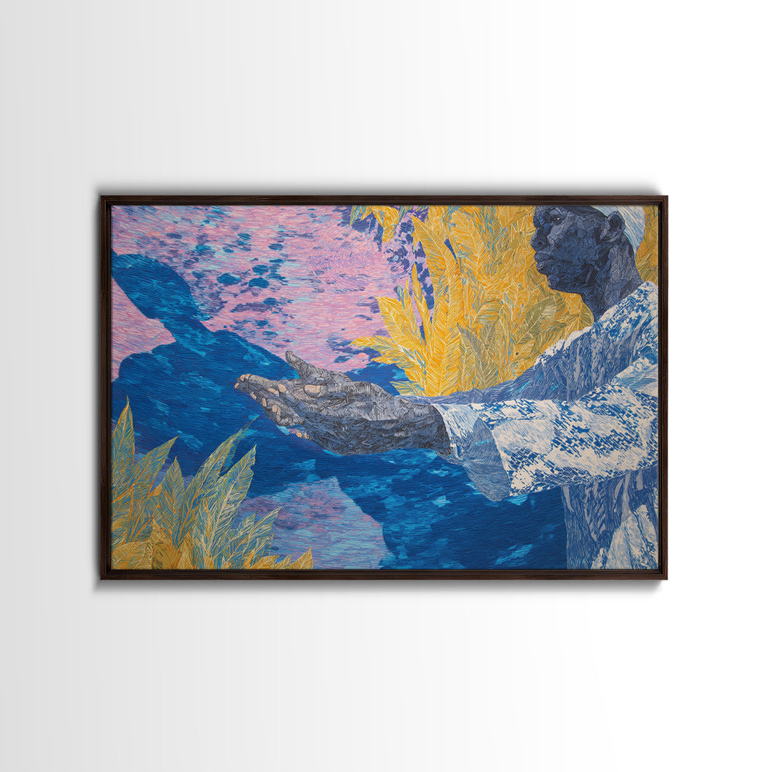 Blue Gold Figure With Open Hands Framed Canvas Print, Black Man Wall Art, Spiritual Wall Decor, African Inspired Home Decor Gift