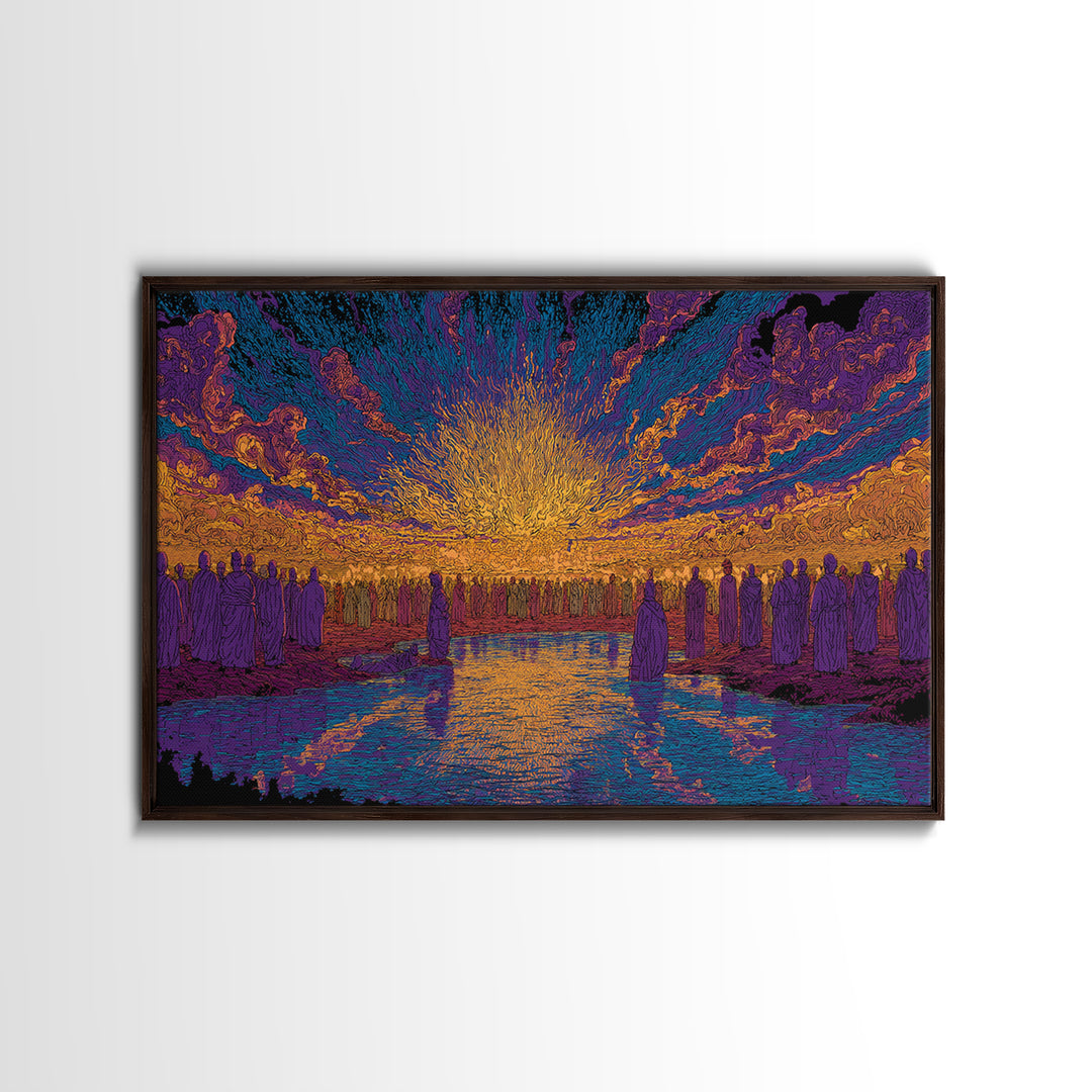 Vibrant Sunset Gathering By Water Wall Art, Mystical Wall Art, Spiritual Decor, Colorful African Art Print Large Canvas Gift