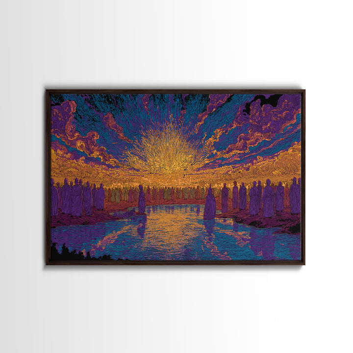 Vibrant Sunset Gathering By Water Wall Art, Mystical Wall Art, Spiritual Decor, Colorful African Art Print Large Canvas Gift