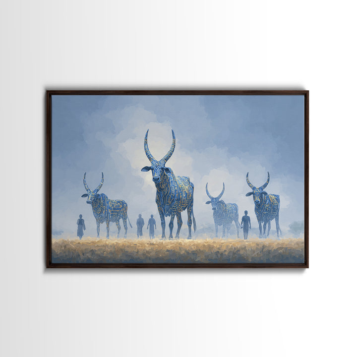 Misty Blue Ankole Cattle In Grassland Framed Canvas Print, African Animal Art, Serene Safari Decor, Modern Wall Art Home Decor