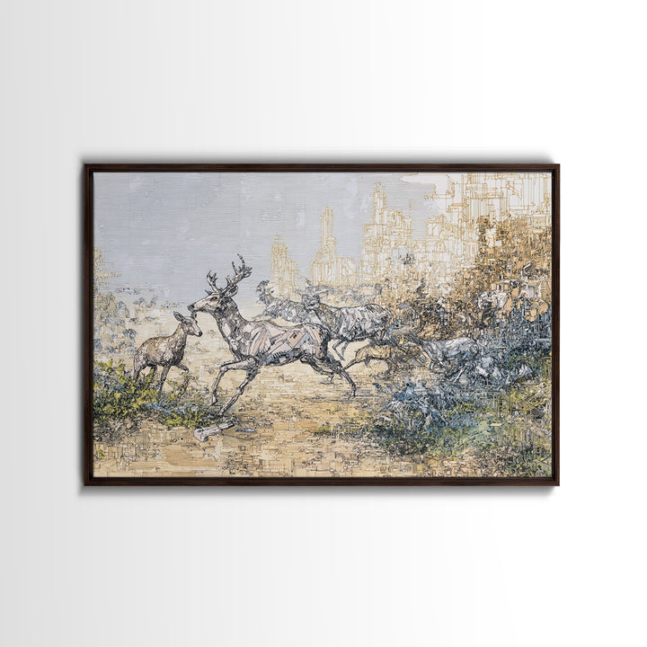 Leaping Antelope Beside Abstract City Skyline Wall Art, African Safari Art Print, Modern Nature Scene, Office Decor Gift