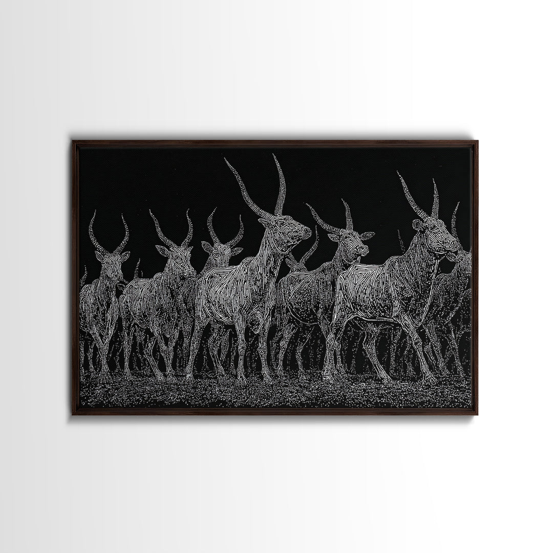 Black And White Ankole Herd At Night Canvas Print, African Animal Art, Minimalist Safari Decor, Bold Statement Wall Art Print