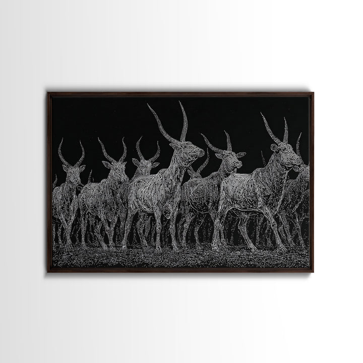 Black And White Ankole Herd At Night Canvas Print, African Animal Art, Minimalist Safari Decor, Bold Statement Wall Art Print