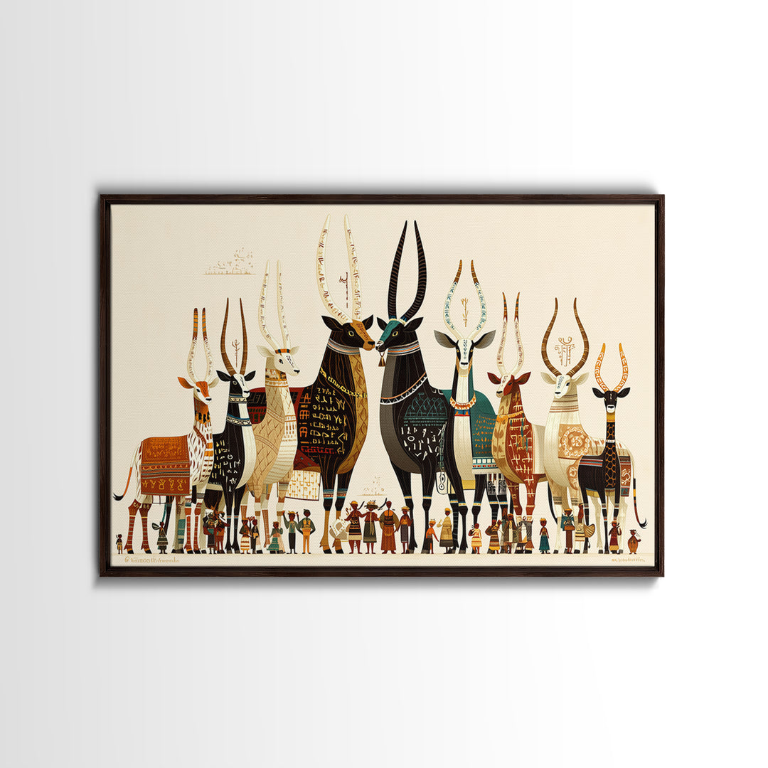 Stylized Sacred Cattle And Villagers Framed Canvas Print, African Egyptian Art, Tribal Culture Decor, Colorful Wall Art Print