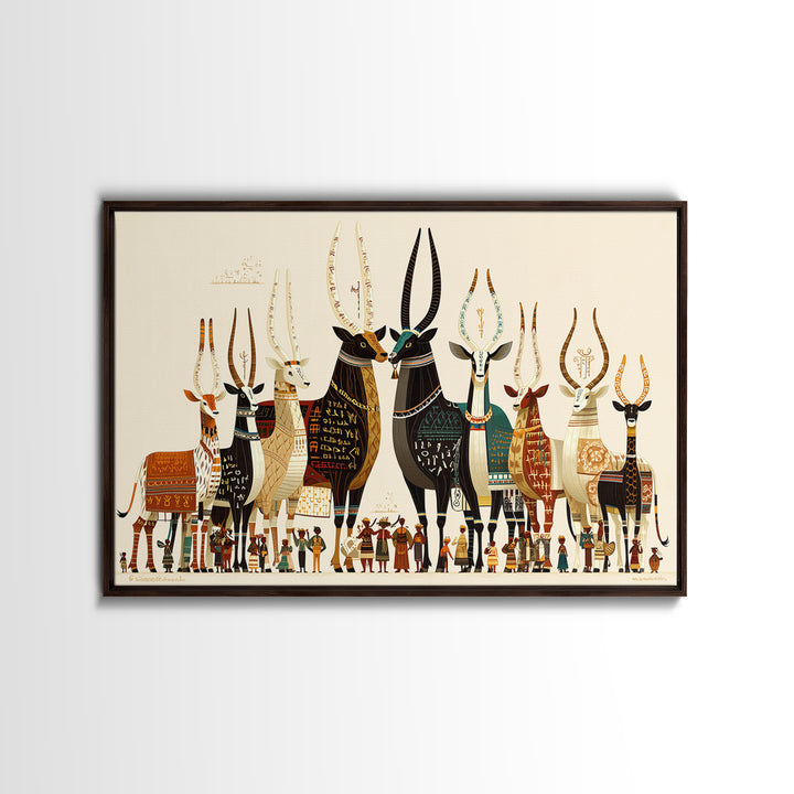 Stylized Sacred Cattle And Villagers Framed Canvas Print, African Egyptian Art, Tribal Culture Decor, Colorful Wall Art Print