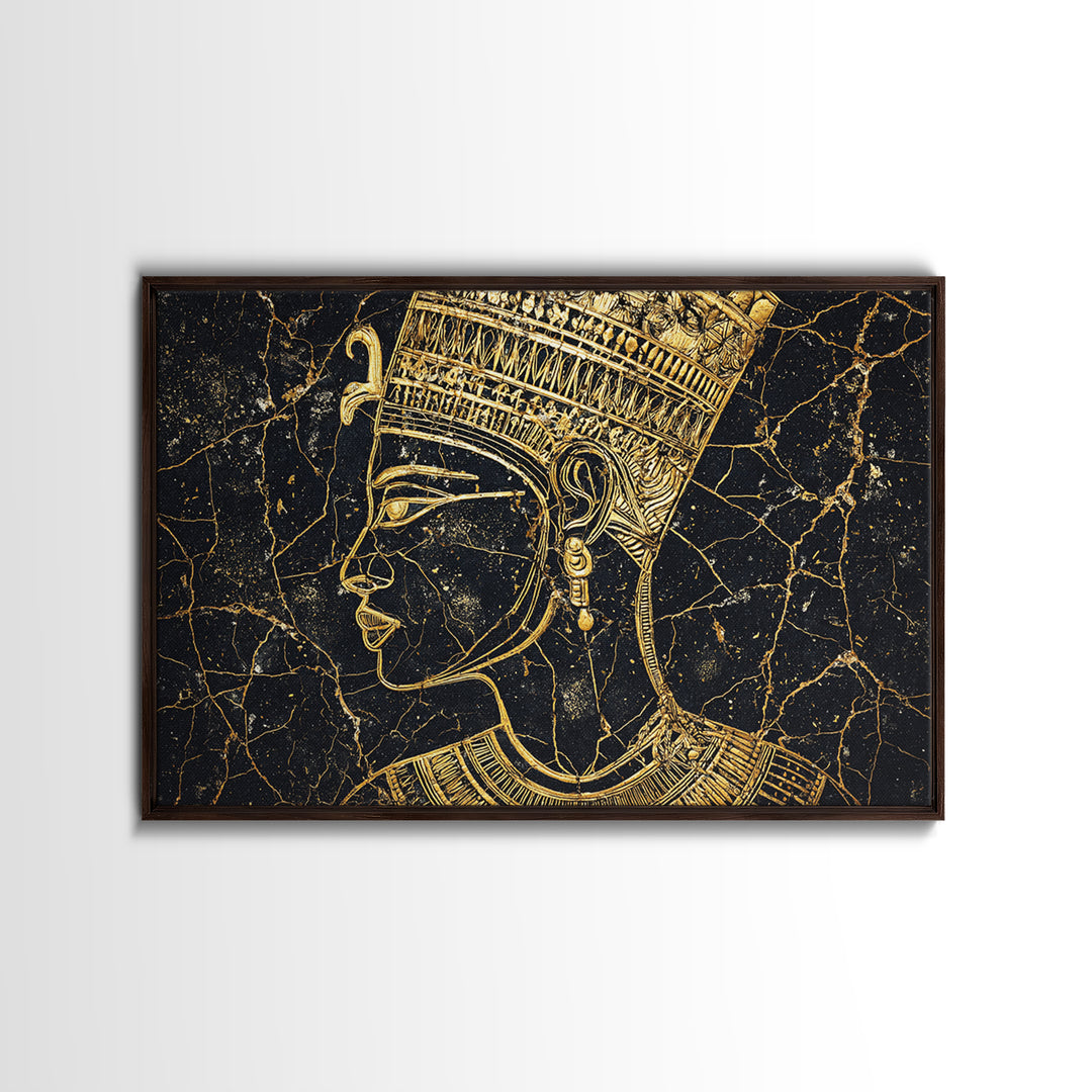 Gold Egyptian Queen Profile On Black Marble Wall Art, African Portrait, Afrocentric Decor, Black And Gold Cultural Home Decor