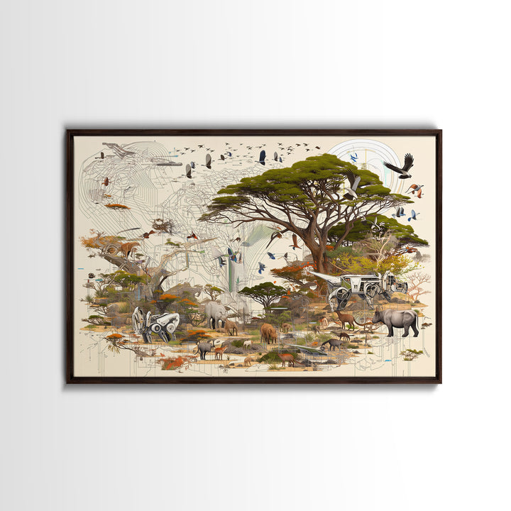 Acacia Safari Wildlife Collage Framed Canvas Print, African Animal Art, Serengeti Wall Decor, Nature Scene Living Room Decor