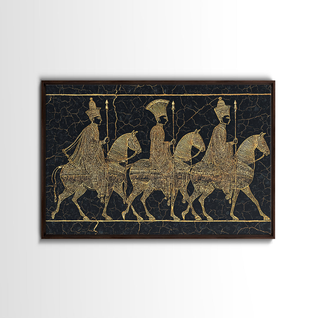 Ancient Gold African Horsemen Canvas Print, Black Tribal Line Art, Warrior Procession, Luxury Afrocentric Wall Decor, Statement Piece