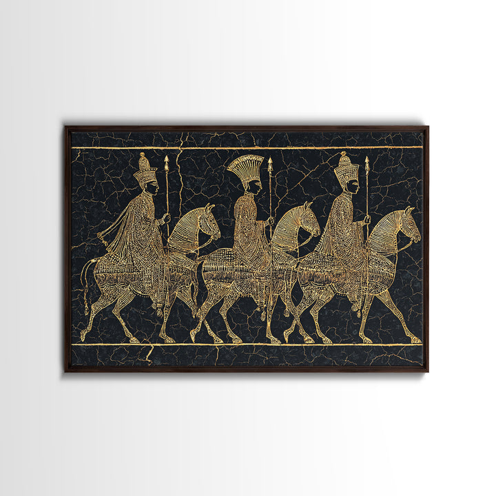 Ancient Gold African Horsemen Canvas Print, Black Tribal Line Art, Warrior Procession, Luxury Afrocentric Wall Decor, Statement Piece