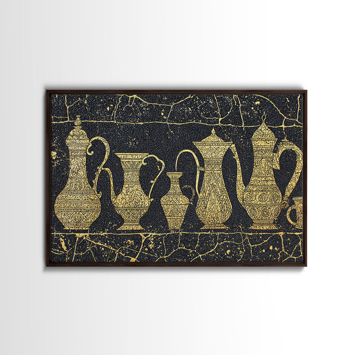 Gold African Coffee Pots Canvas Print, Ornate Black And Gold Design, Ethnic Kitchen Wall Decor, Luxury Cultural Art Gift