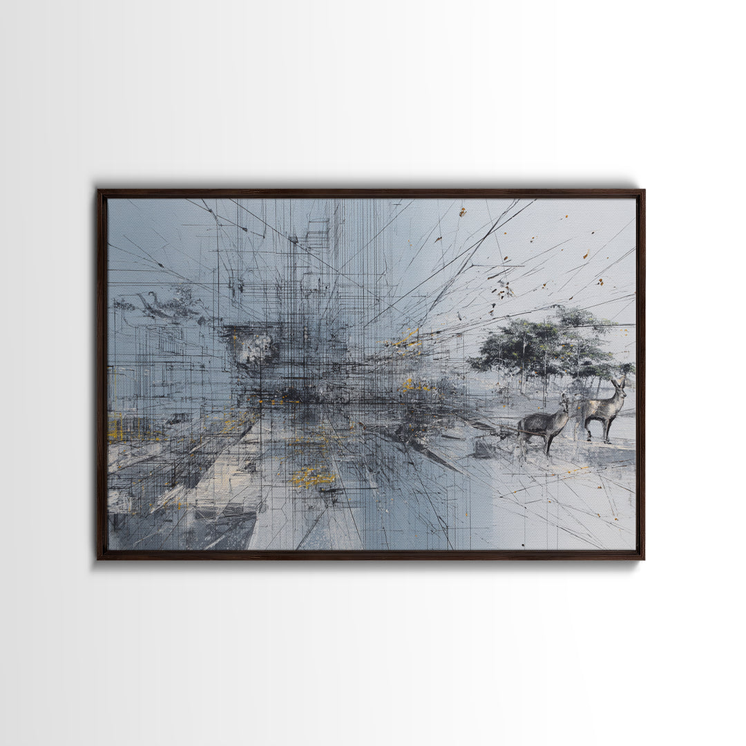 Minimal African Landscape Wall Art, Abstract Savanna Antelope Scene, Baobab Tree, Modern Safari Decor, Neutral Office Art
