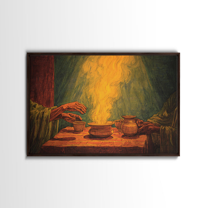 Glowing African Incense Ritual Canvas Print, Hands And Pottery, Spiritual Smoke Ceremony, Earth Tone Wall Decor, Cultural Gift