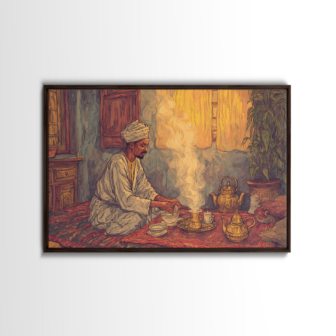 Seated African Tea Ceremony Framed Canvas Print, Spiritual Prayer Room Smoke, Traditional Interior, Afrocentric Wall Decor Gift