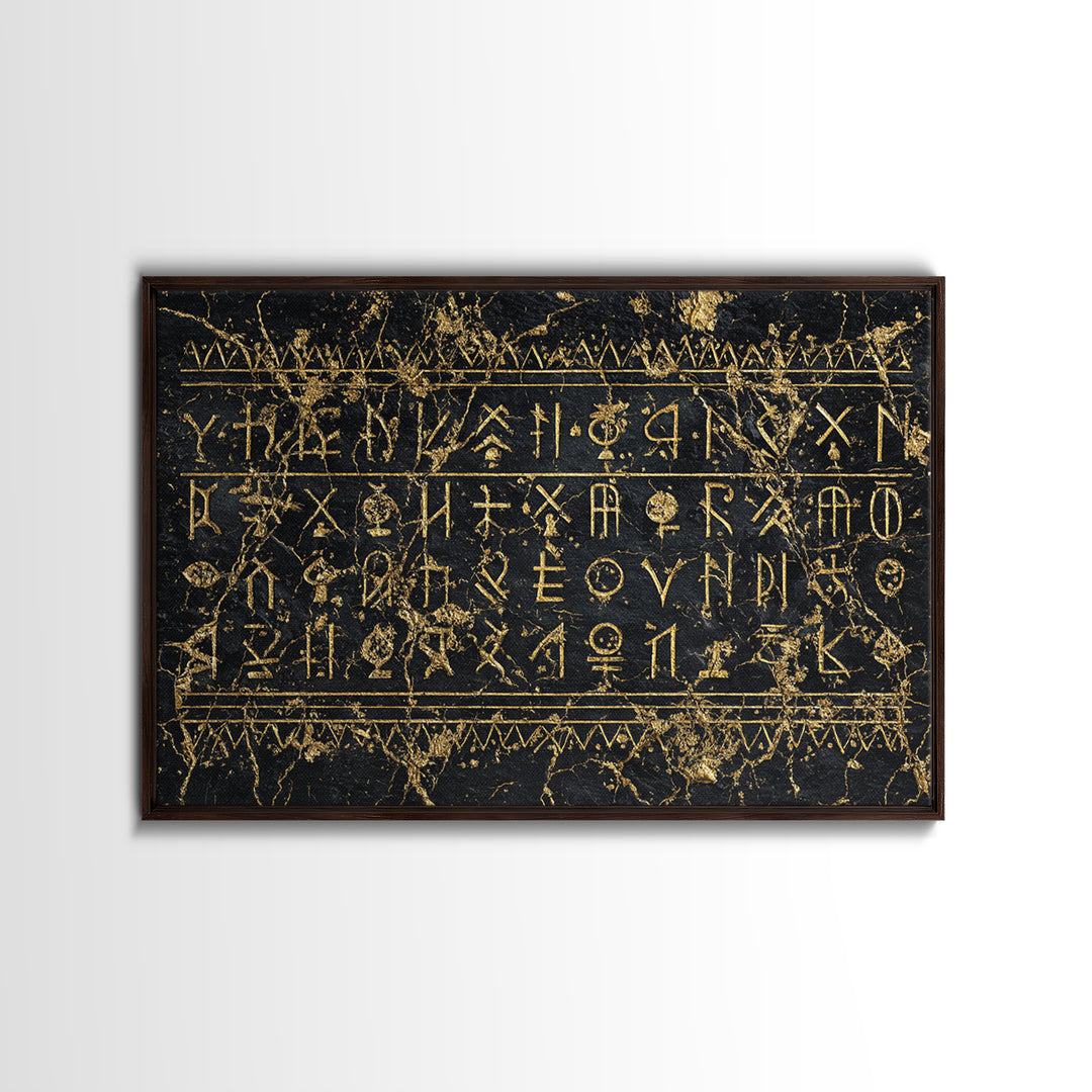 Black Gold Tribal Inscription Canvas Print, Ancient African Art, Textured Wall Decor, Ethnic Cultural Wall Art Gift For Him