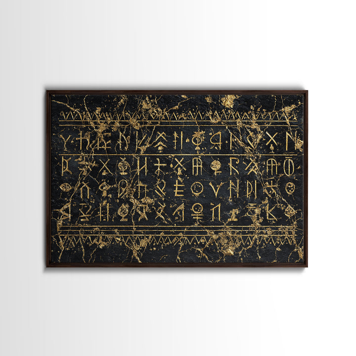 Black Gold Tribal Inscription Canvas Print, Ancient African Art, Textured Wall Decor, Ethnic Cultural Wall Art Gift For Him