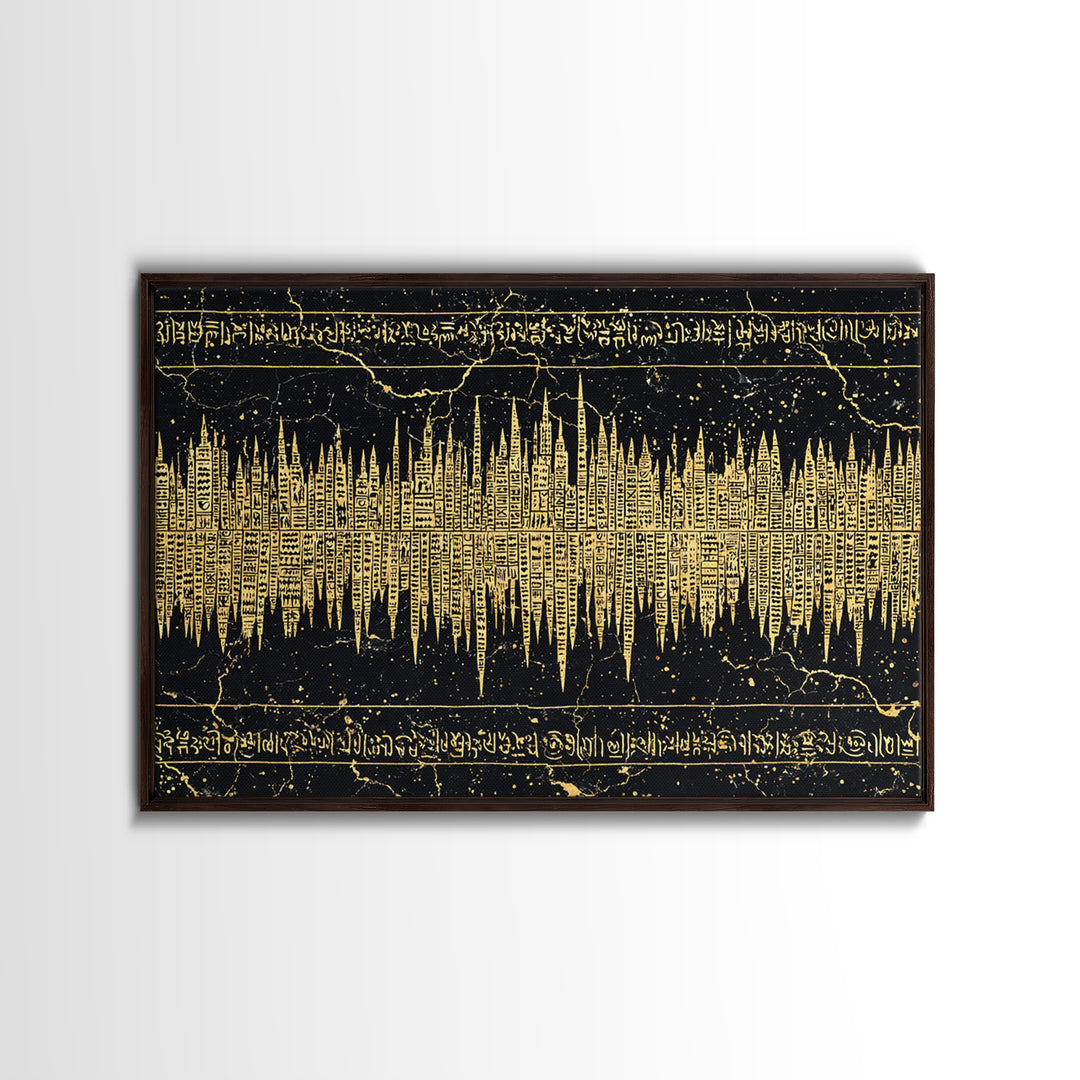 Golden Ancient Soundwave Script Wall Art, Black And Gold African Abstract, Spiritual Office Decor Framed Canvas Print Gift