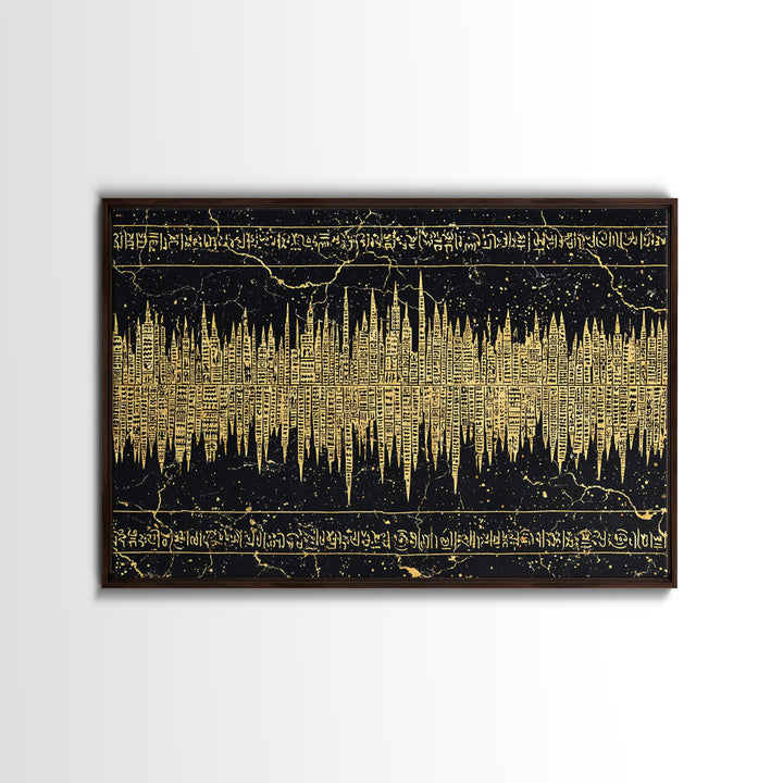 Golden Ancient Soundwave Script Wall Art, Black And Gold African Abstract, Spiritual Office Decor Framed Canvas Print Gift