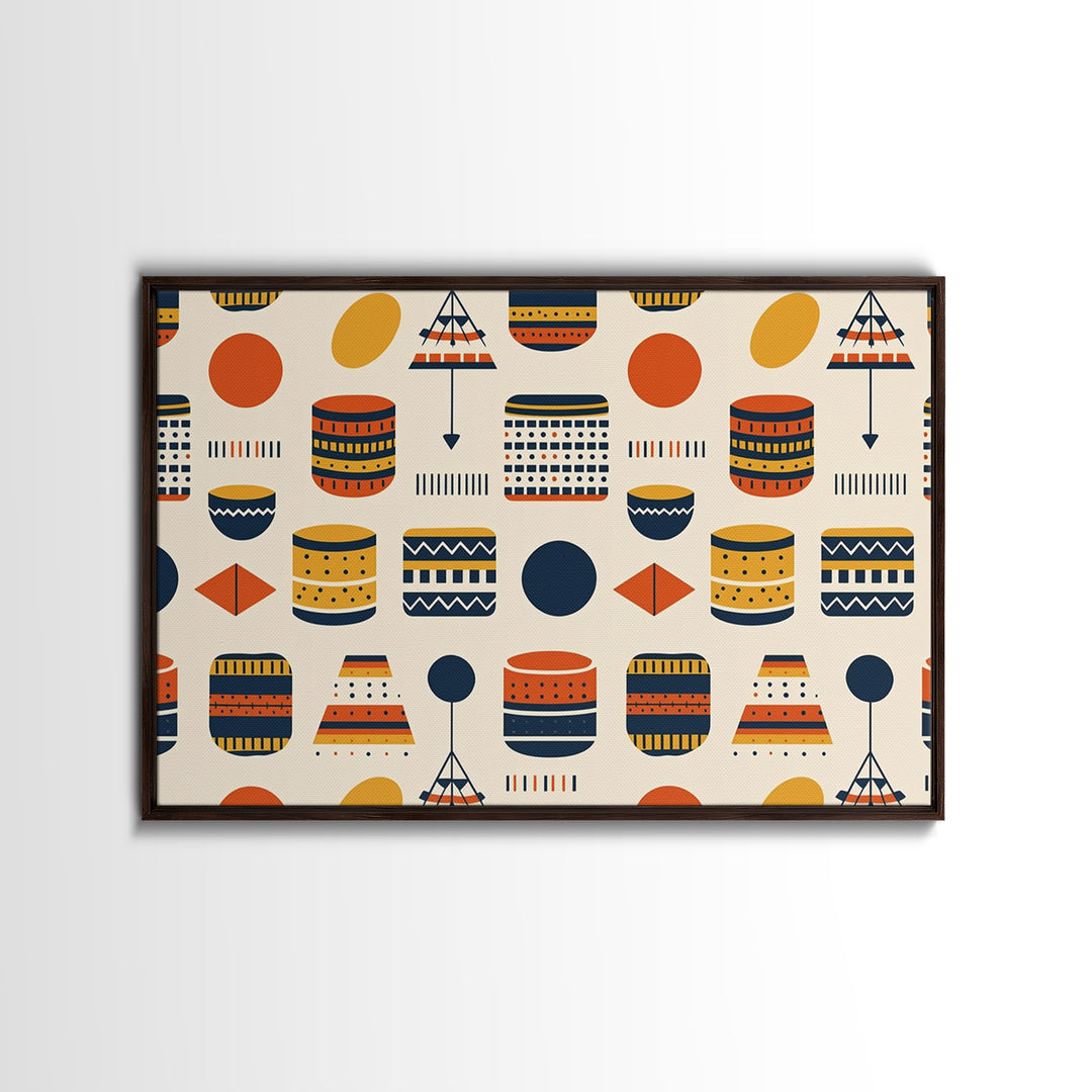 African Drum And Shield Pattern Wall Art, Ankara Inspired Geometric Decor, Tribal Fabric Style Framed Canvas Print Home Decor Gift