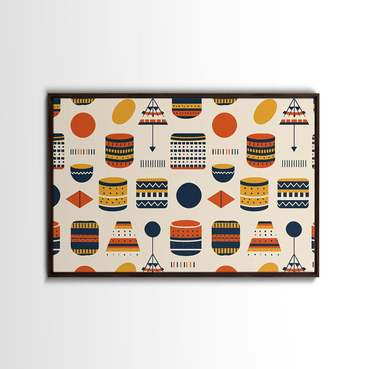 African Drum And Shield Pattern Wall Art, Ankara Inspired Geometric Decor, Tribal Fabric Style Framed Canvas Print Home Decor Gift