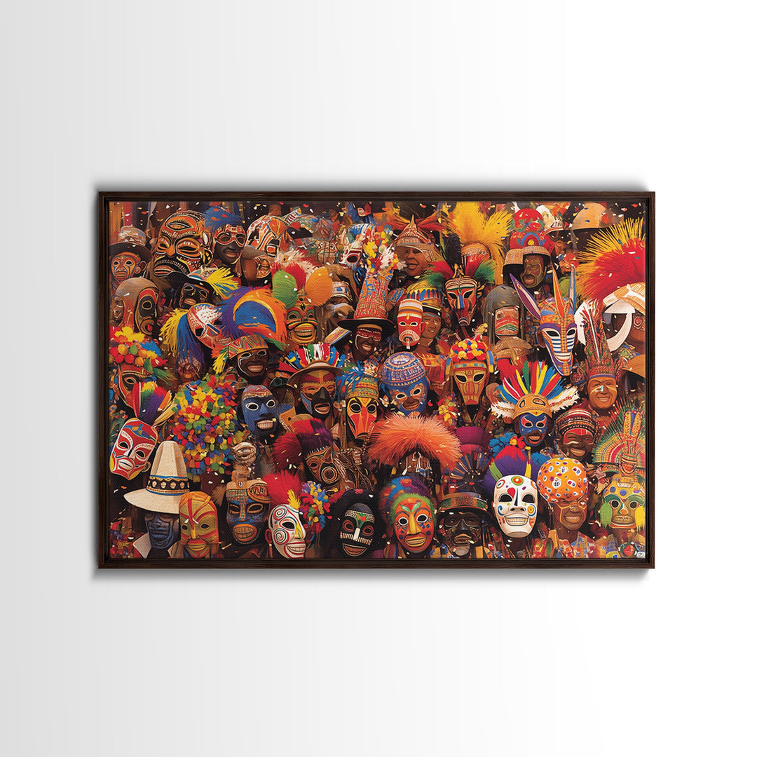 Festive African Carnival Mask Crowd Canvas Print, Colorful Tribal Wall Art, Afrocentric Celebration Decor, Black Culture Gift
