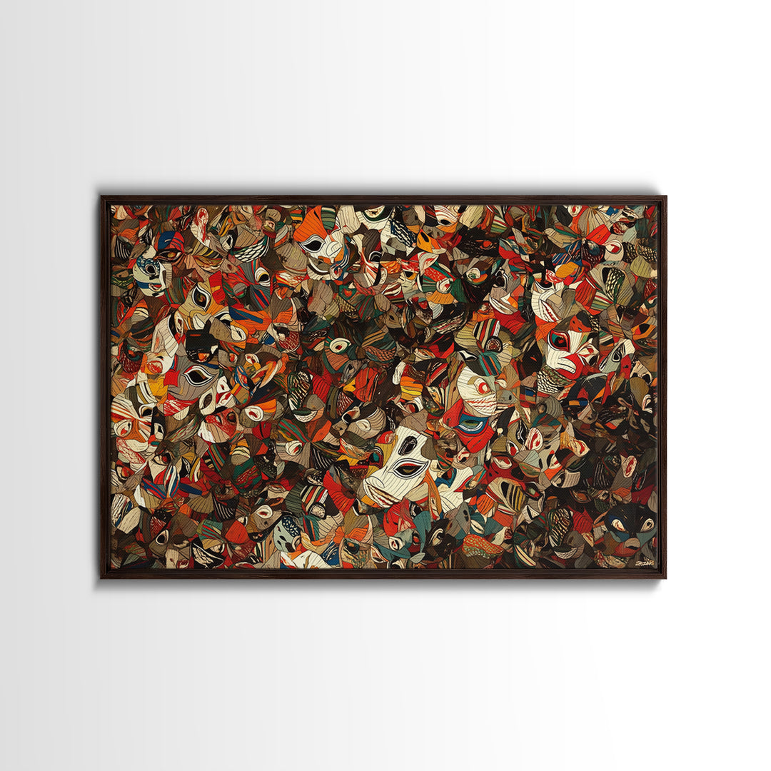 Dense African Tribal Mask Collage Wall Art, Abstract Ethnic Pattern, Afrocentric Decor, Bold Cultural Canvas Print Poster