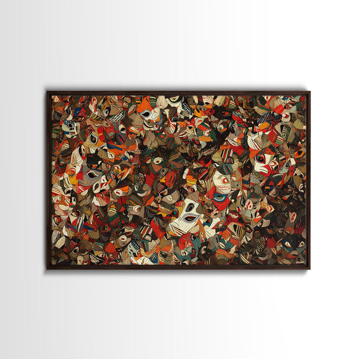 Dense African Tribal Mask Collage Wall Art, Abstract Ethnic Pattern, Afrocentric Decor, Bold Cultural Canvas Print Poster