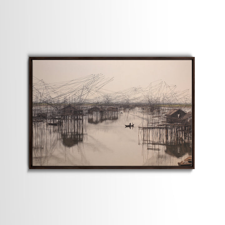 Sepia Stilt Fishing Village On Calm Water Wall Art, African Landscape, Coastal Home Decor, Serene Living Room Canvas Print