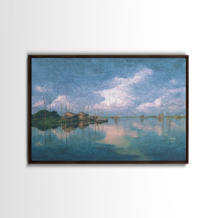 Blue Lagoon Stilt Houses Under Cloudy Sky Canvas Print, African Wall Art, Coastal Decor, Peaceful Lake Home Decor Art Gift