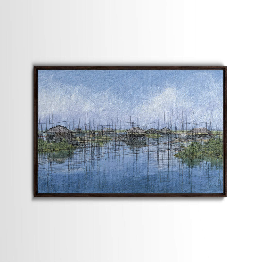 Rainy Wetland Stilt Huts With Blue Reflections Wall Art, African Landscape, Modern Coastal Decor, Peaceful Canvas Print Gift