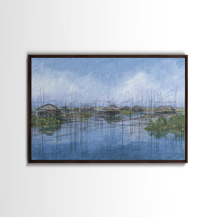 Rainy Wetland Stilt Huts With Blue Reflections Wall Art, African Landscape, Modern Coastal Decor, Peaceful Canvas Print Gift