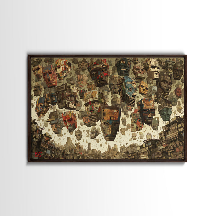 Floating Tribal Masks In Futuristic African City Framed Canvas Print, African Mask Art, Afrocentric Wall Decor, Bold Gift